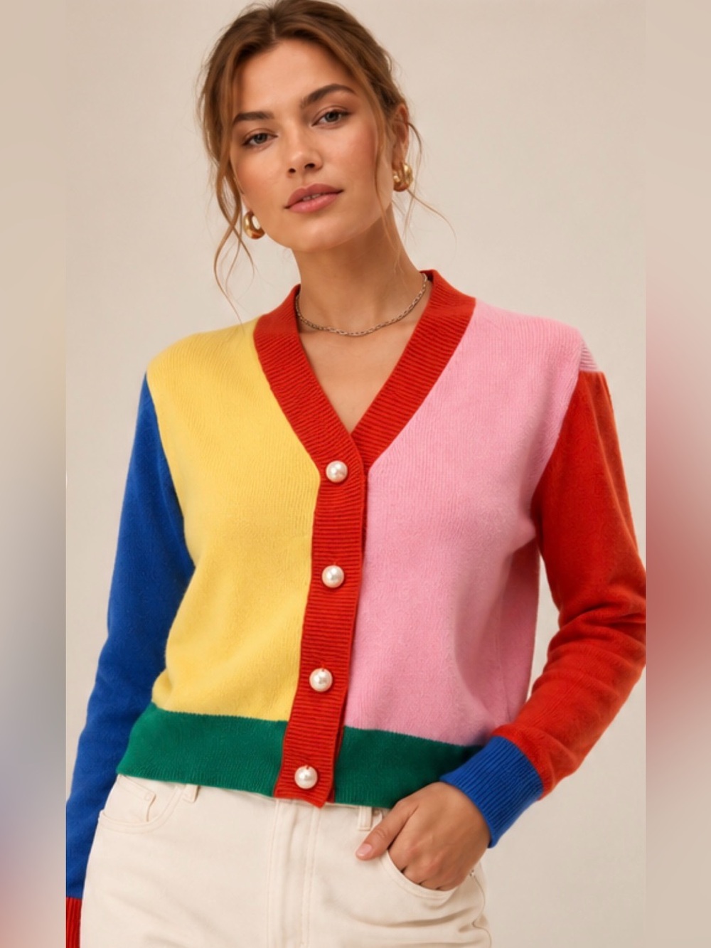 OLIVIA RUBIN Pearl Button Colorblock Cardigan Sweater Rainbow Multicolor small